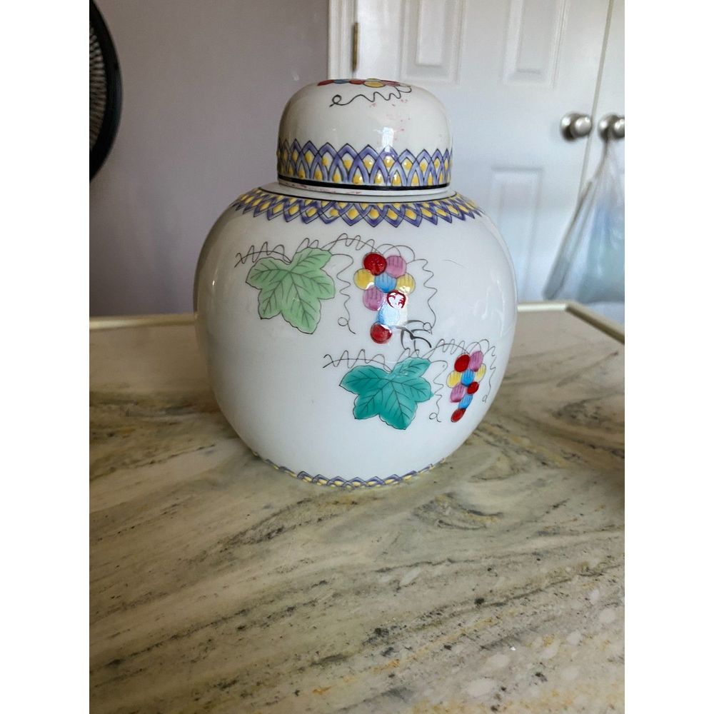 Vintage Ginger Jar with Lid Multicolored Grapes on Vine